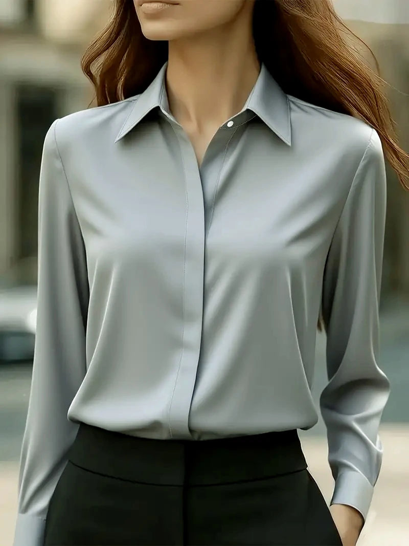 Ingvn  Autumn Solid Color Long Sleeve Lapel Satin Women's Blouse