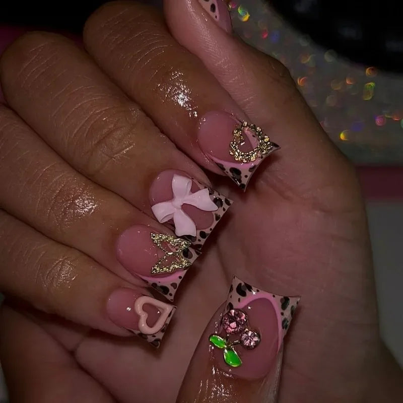 Ingvn  24Pcs 3d Bowknot Love Cherry Ready-made Artificial Nail Tips Leopard French Press on Nails Duckbill Short Aesthetic False Nails