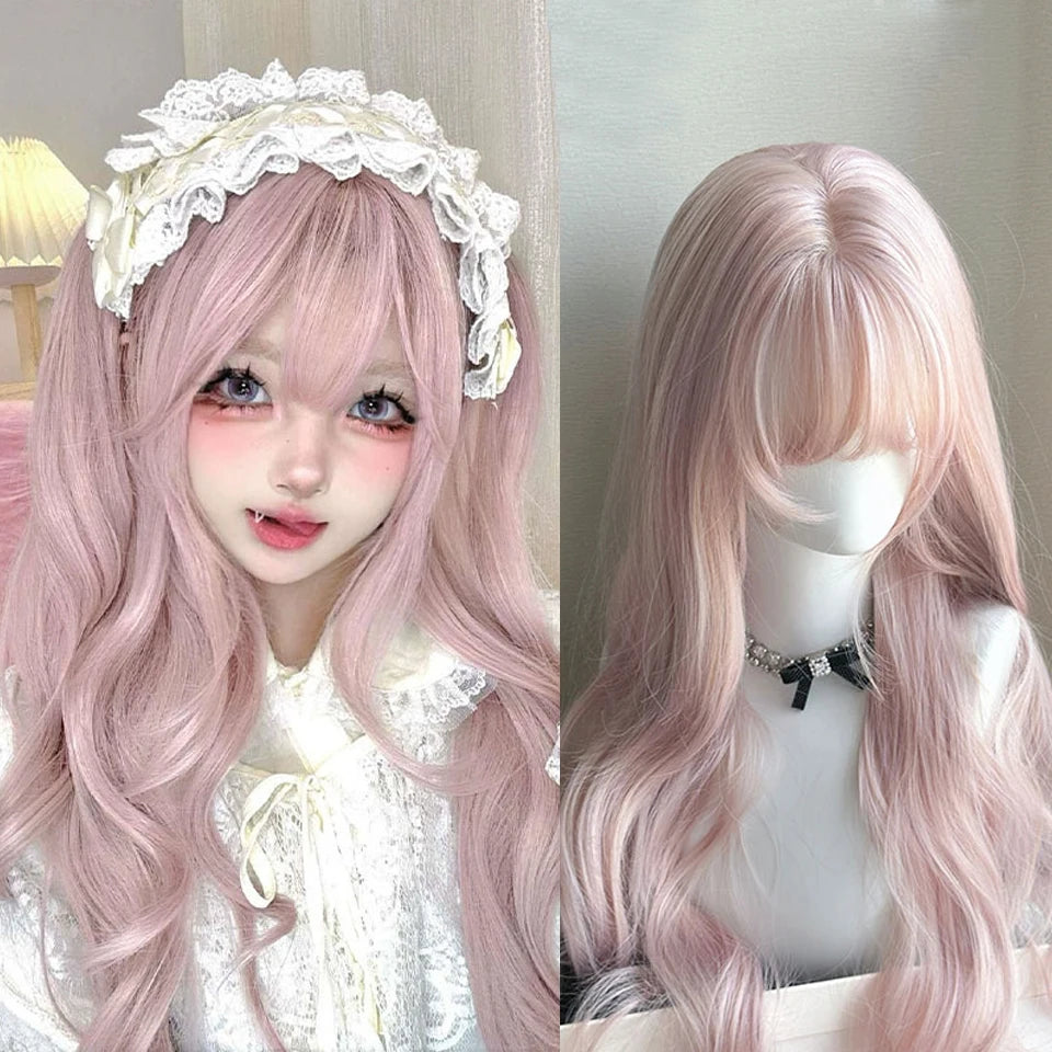 Ingvn  Long Wavy Brown Middle Part Wig Synthetic Lolita Wig Natural Cosplay Party Wig Daily Wear Halloween Costume Y2K Orange Wig