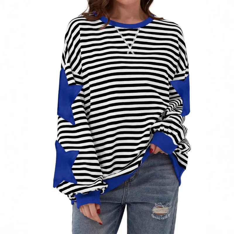 Ingvn - Women Casual Striped Sweatshirt Spring Star Patchwork Round Neck Long Sleeve Loose Pullover Daily Wear