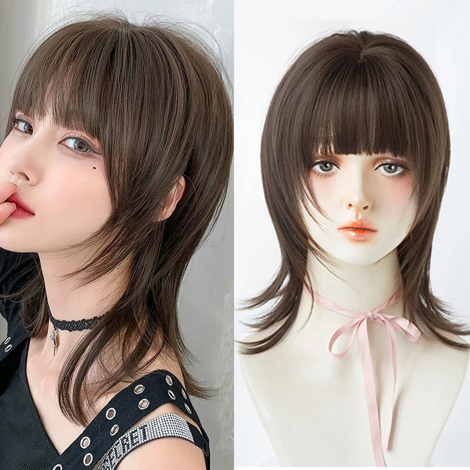 Ingvn  ﻿﻿Short Golden Brown Wig Synthetic Shoulder-Length Layered Straight Hair Lolita Wigs for Women Daily Party Cosplay Halloween Wig