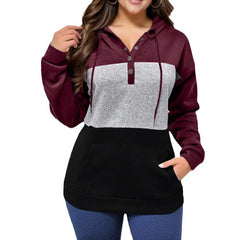 Ingvn - Autumn Winter New Arrival Color Block Splicing Kangaroo Pocket Hoodie Drawstring Versatile Loose Pullover Sweatshirt Women