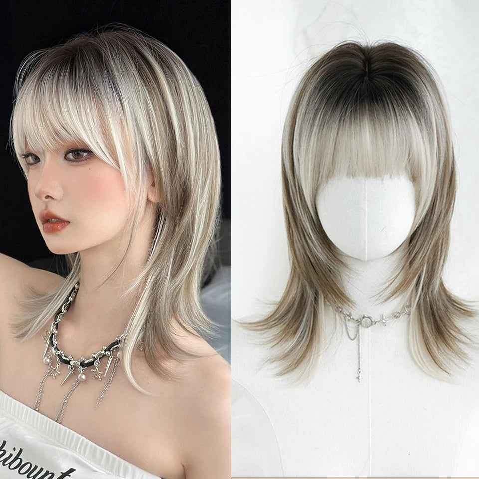 Ingvn  ﻿﻿Short Golden Brown Wig Synthetic Shoulder-Length Layered Straight Hair Lolita Wigs for Women Daily Party Cosplay Halloween Wig