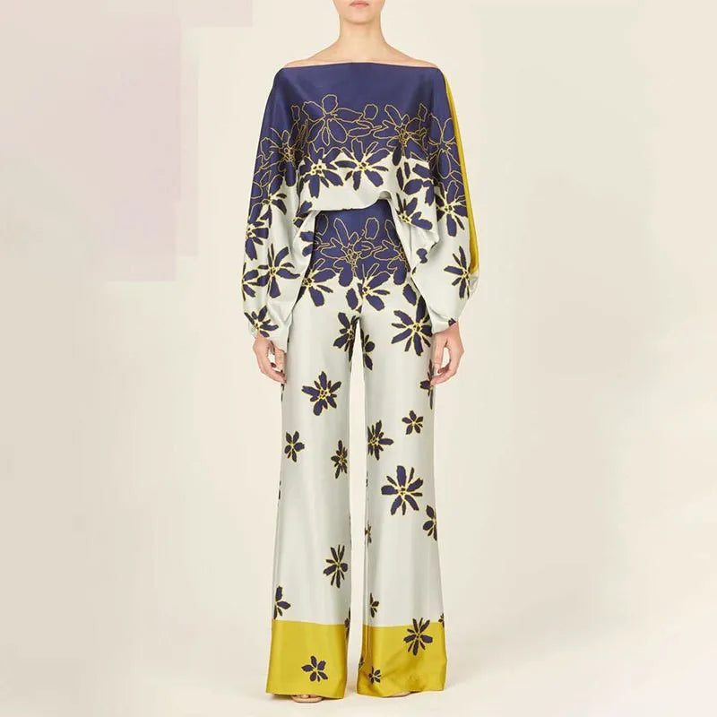 Ingvn  Spring Women's Clothing Floral Off Shoulder Loose Batwing Sleeve Wide Leg Pants Set Polyester Elegant Comfortable Casual Wear
