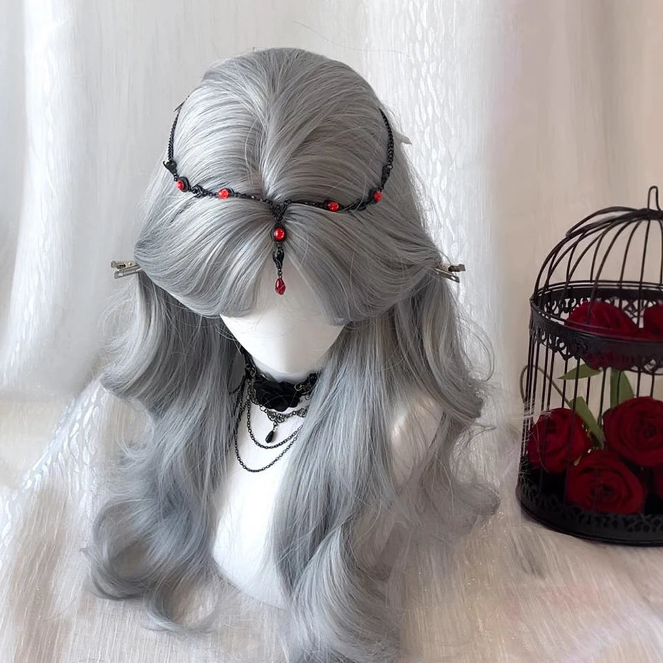 Ingvn  Long Wavy Grey Wig with Bangs Synthetic Cosplay Wig Daily Wear Natural Heat Resistant Wig Halloween Costume Wig for Women