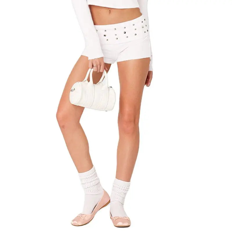 Ingvn  Women's Y2K Elastic Low Rise Studded Shorts Punk Fold Over Waist Slim Fit Skinny Goth Micro Mini Shorts Sexy Loungewear Bottoms