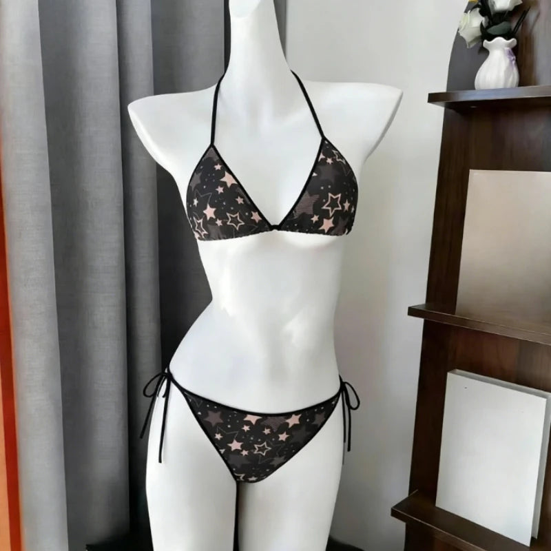 Ingvn  Women's Cute Floral Print Bikini Set Halter Strap Two Piece Swimsuit Ruffle Trim Backless Beachwear Summer Fashion Bathing Suit