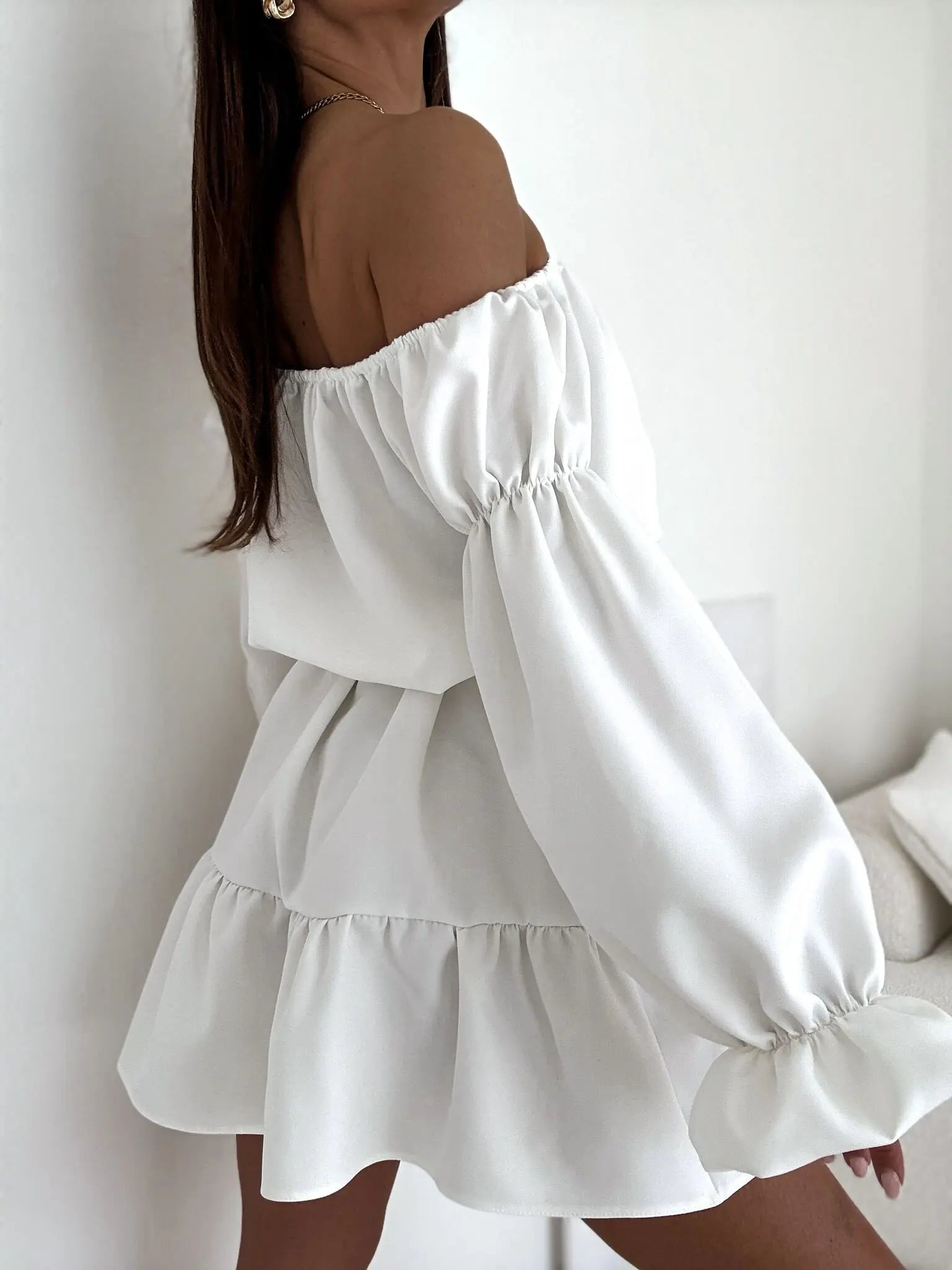 Ingvn  Women's Mini Dress Peplum Dresses Elegant Daily Holiday Going out Regular Fit Pure Color Long Sleeve Off Shoulder