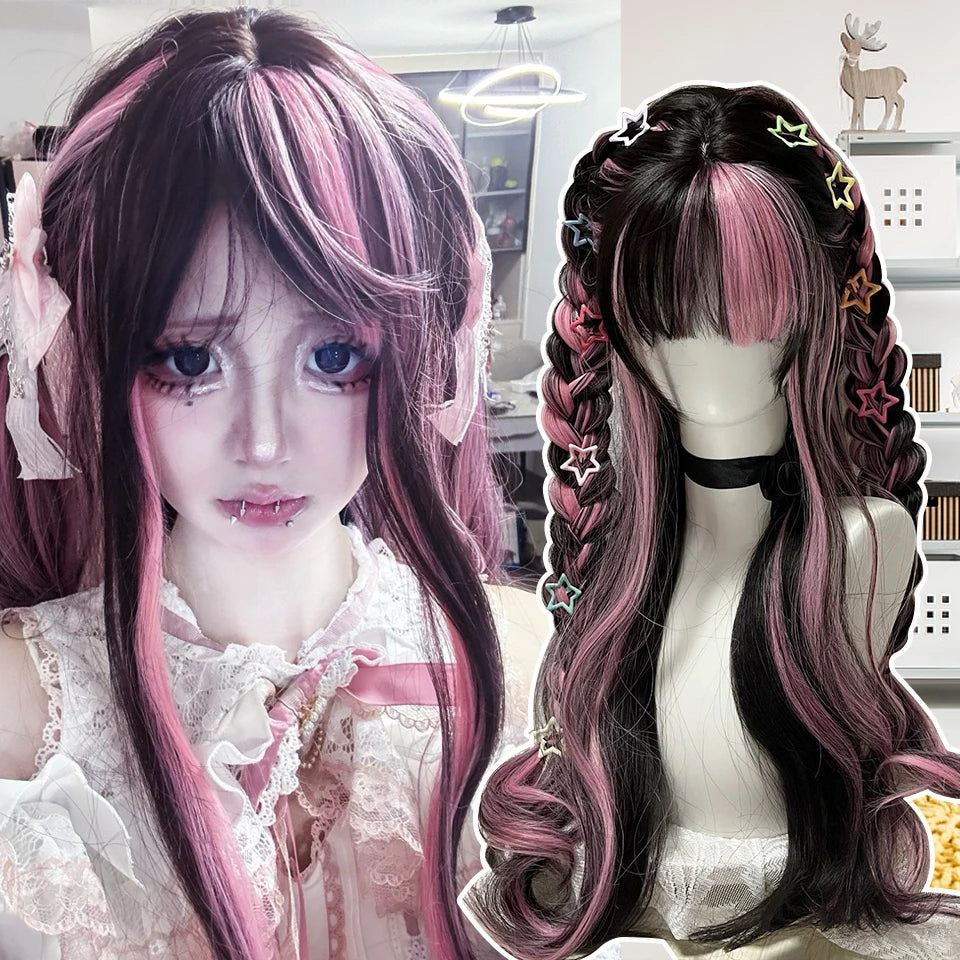 Ingvn  Long Wavy Brown Middle Part Wig Synthetic Lolita Wig Natural Cosplay Party Wig Daily Wear Halloween Costume Y2K Orange Wig