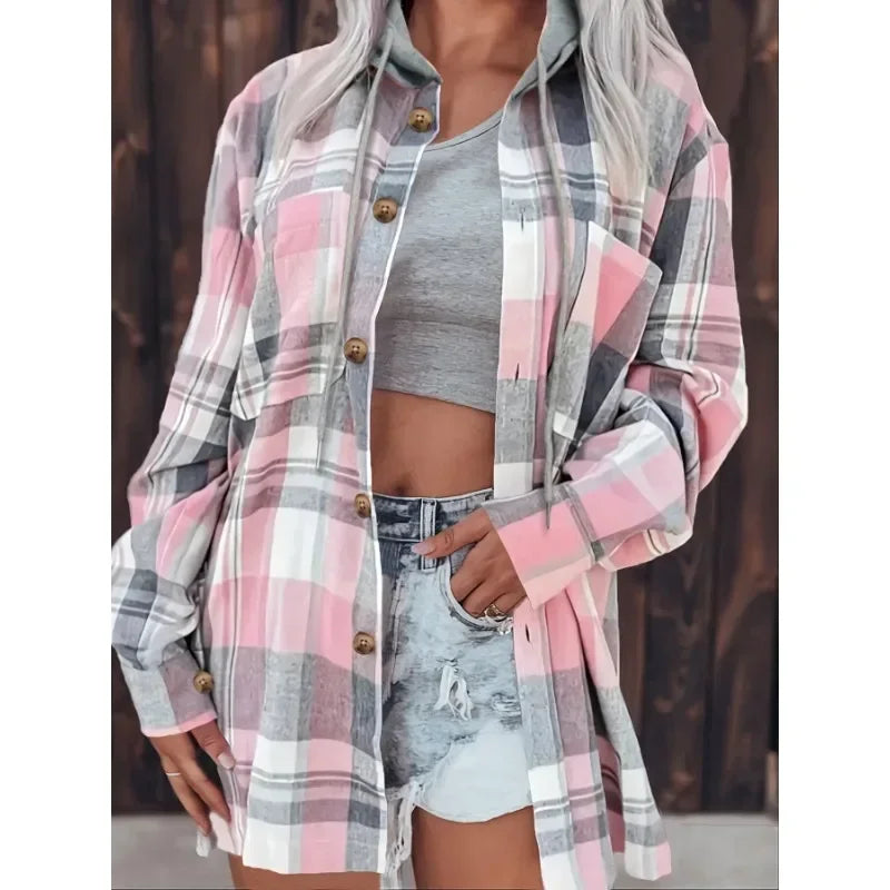 Ingvn  Plus Size Women Fashion Plaid Printed Hoodies Shirt Blouse Ladies Casual Loose Long Sleeved Shirt Lapel Design Shirt Tops