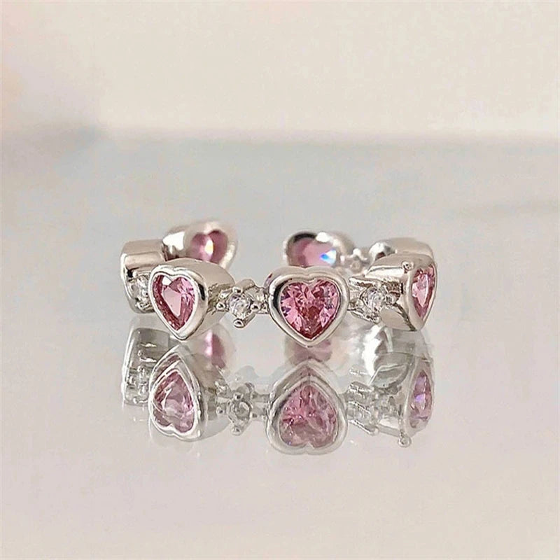 Fashion Heart Ring Pink Rhinestone Peach Heart Adjustable for Women Rings Wedding Party Aesthetic Jewelry Y2K Trend Accessories