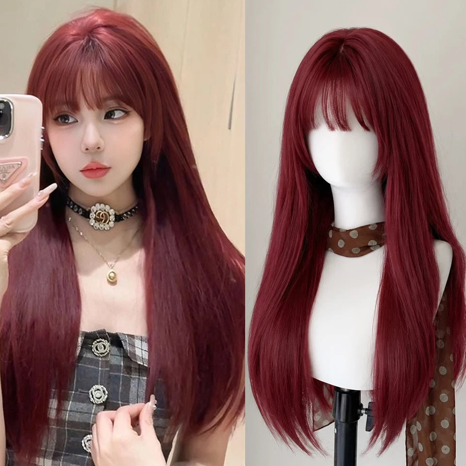 Ingvn  Long Wavy Brown Middle Part Wig Synthetic Lolita Wig Natural Cosplay Party Wig Daily Wear Halloween Costume Y2K Orange Wig