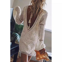 Ingvn  Summer Women's Clothing Sheer Lace V Neck Long Sleeve Beach Cover Up Dress For Woman Polyester Boho Tunic With Puff Sleeves