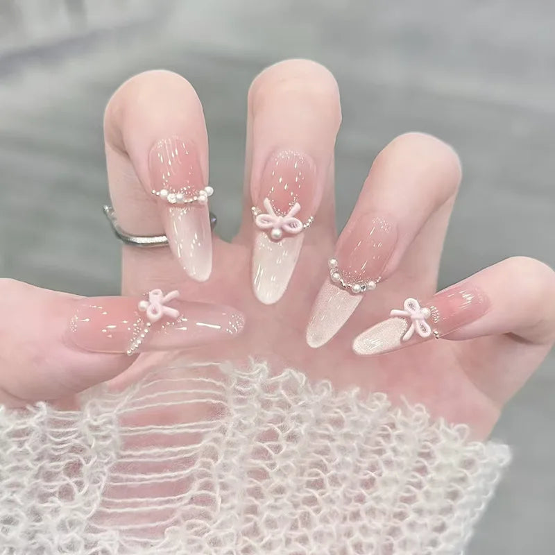 Ingvn  24Pcs Shiny Cat's Eye Pink Full Cover Nail Tips Art Finished Finger False Nails with Diamond Wearable Almond Press on Fake Nails
