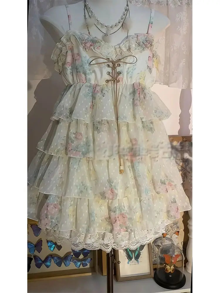 Ingvn  Y2k Sweet Lolita Floral Mini Dress Outfits Women Japanese Vintage Ruffle Dress High Waist Kawaii Cute Casual Dress Chic