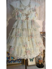 Ingvn  Y2k Sweet Lolita Floral Mini Dress Outfits Women Japanese Vintage Ruffle Dress High Waist Kawaii Cute Casual Dress Chic