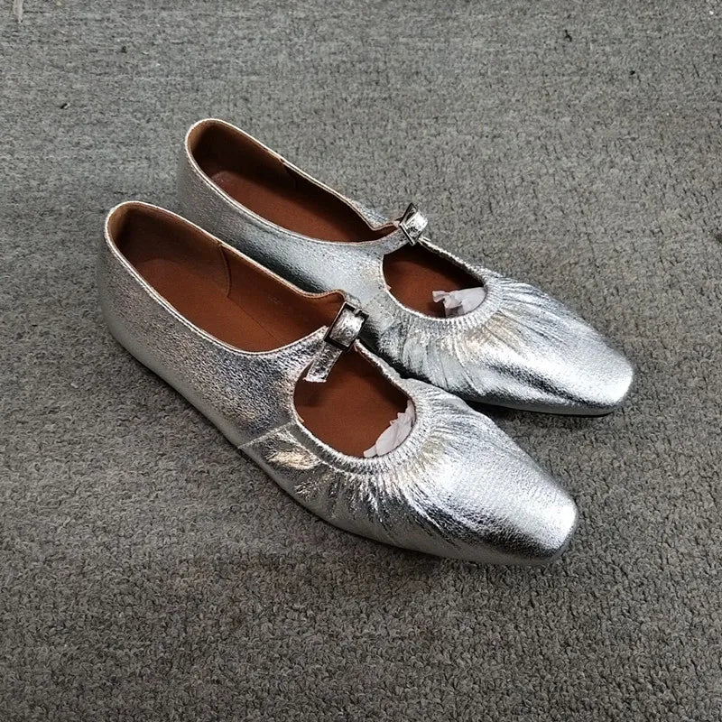 Ingvn  Street Style Fashion Pleated Mary Janes Women Ballet Flats Comfortable Soft Soles Leather Spring Summer Walking Loafers Shoes