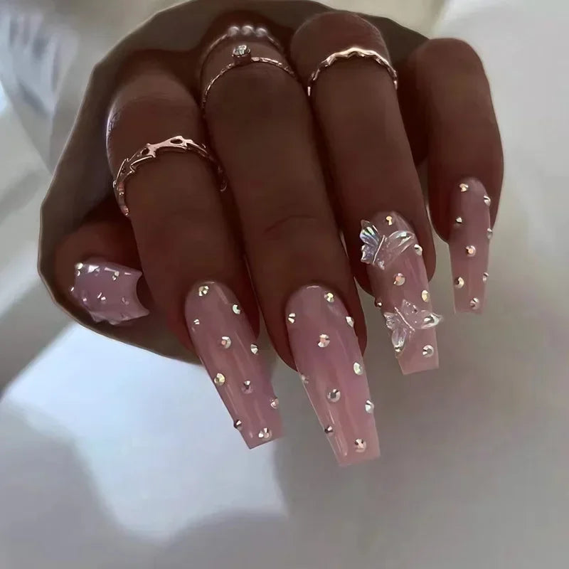 Ingvn  24Pcs Simple Blue French Fake Nails with Diamond Love Pattern Design False Nails Press on Mid-length Ballet Full Cover Nail Tips