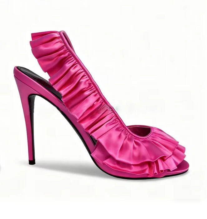 Ingvn - Neon Green Pink Silk Ruffle High Heel Sandals Women Open Toe 10cm Stiletto Heel Slip On Slingback Wedding Banquet Pumps Shoes