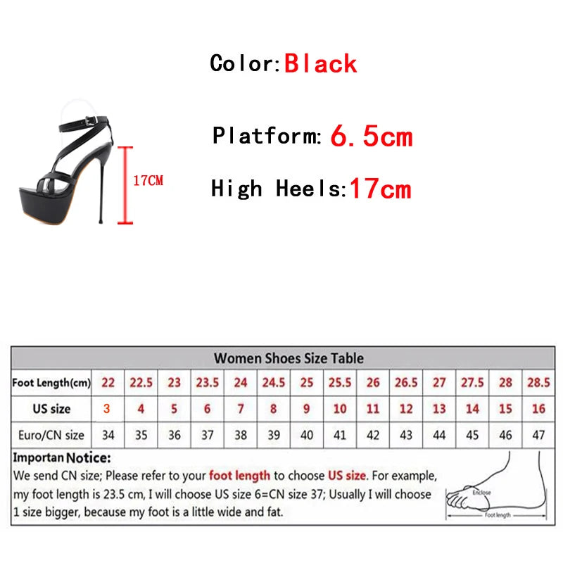 Ingvn  Summer Sexy 17CM Women Platform Sandals Fashion Open Toe Buckle Strap Super Thin High Heels Stripper Pole Dance Shoe Black