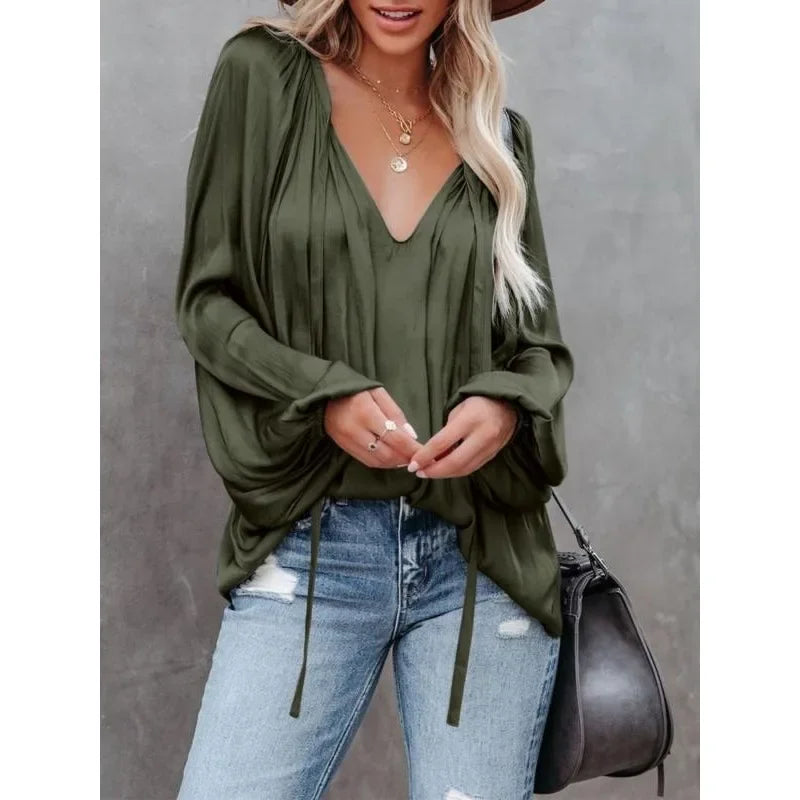 Ingvn  Plus Size 1XL-5XL Fashion Long Sleeve V Neck Office Casual Shirt Women Elegant Simple Loose Blouse Lady Pleated Solid Color Top