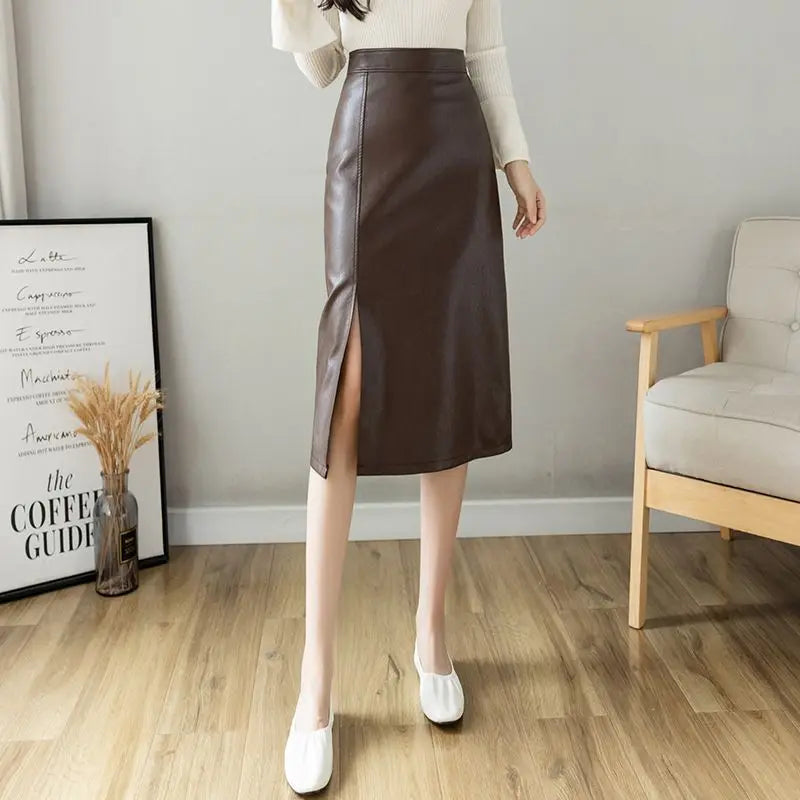 Ingvn  Mid-length New Style for Spring Autumn High-waisted Slimming Slit Versatile Hip-hugging Skirt