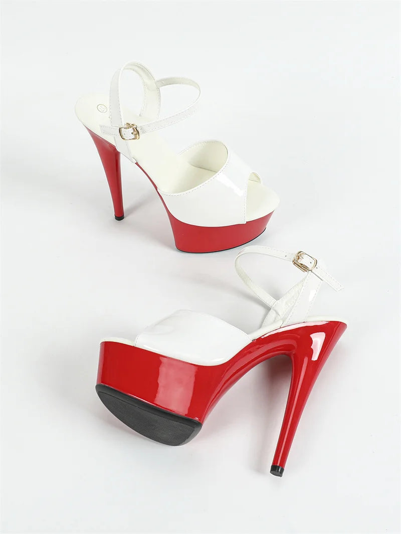 Ingvn  New Yellow Red Women Fashion Buckle Strap Platform Sandals Runway Sexy Peep Toe Super High Heels Wedding Prom Shoes