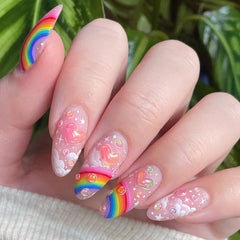 Ingvn  24Pcs Pink French False Nails Rainbow Cloud Design Full Cover Nail Tips Summer Long Almond Fake Nails Almond Press on Nails