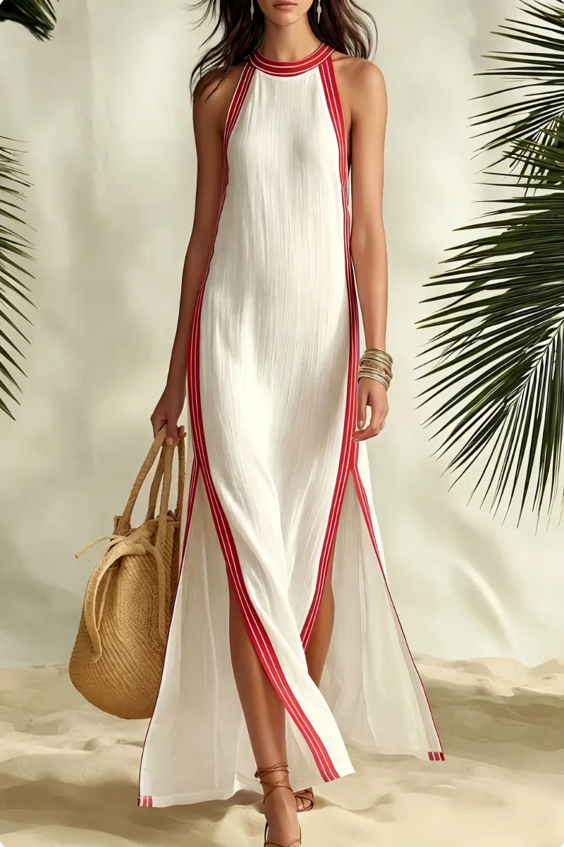 Ingvn  Women's Sexy Halter Sleeveless Striped Maxi Dress Side Slit Color Block Loose Flowy Elegant Casual Vacation Summer Dresses