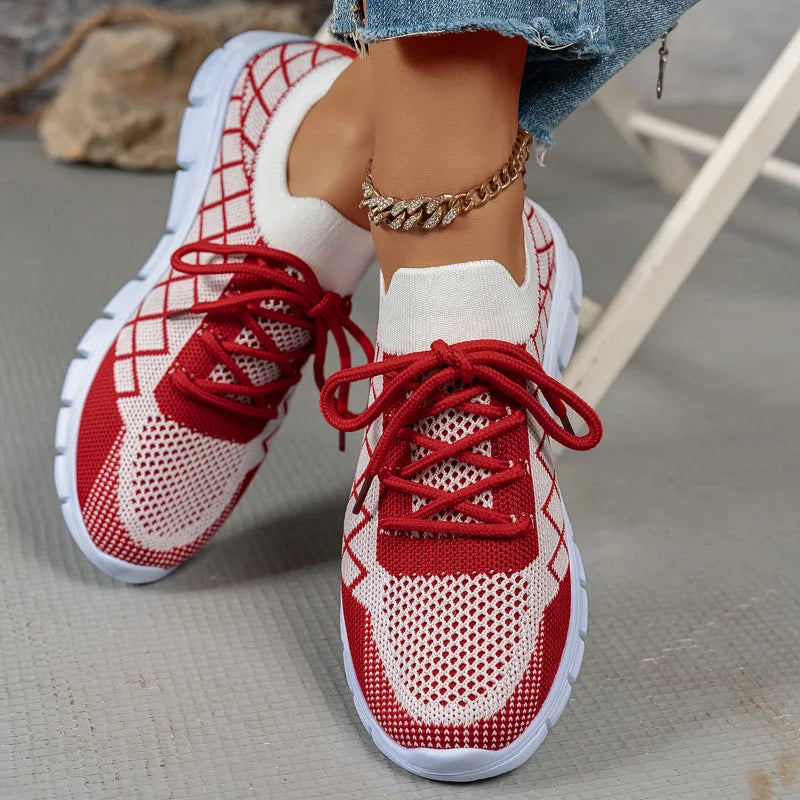 Ingvn  Women's Fashion Strip Plaid Knitted Sneakers Soft Sole Breathable Mesh Running Shoes for Women Lightweight Slip On Tennis Shoes