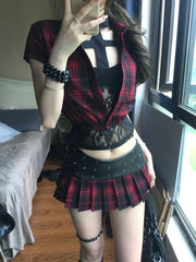 Ingvn  Subculture Gothic Plaid 3 Piece Set Women Retro Short Sleeve Halter Crop Tops Mini Pleat Skirt Punk Sexy Streetwear Design