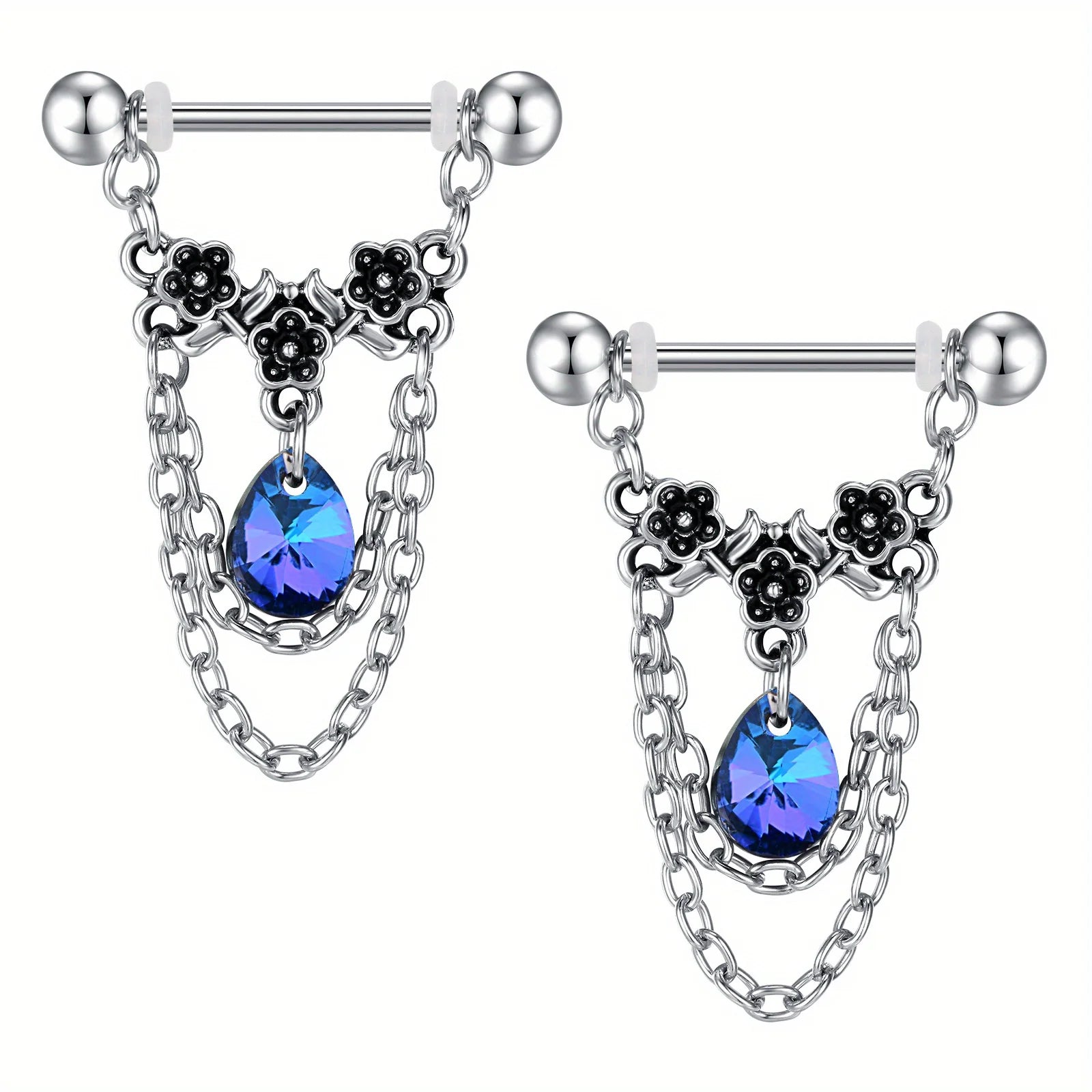 Ingvn  1pair Stainless Steel Nipple Rings, Nipple Barbell With Chain CZ, Nipple Piercing Jewelry