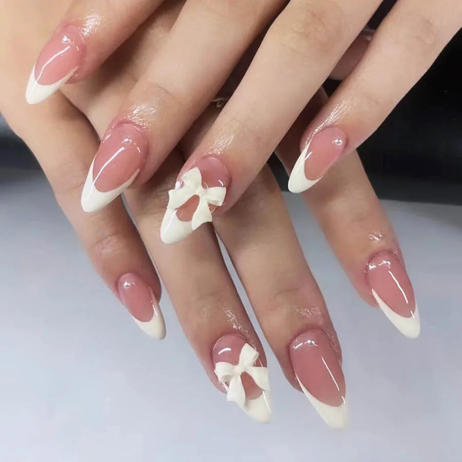 White French Press on Nails 3D Bowknot Designs Nude Color Fake Nails Wearable False Nails Tips for Women DIY Manicure 24Pcs