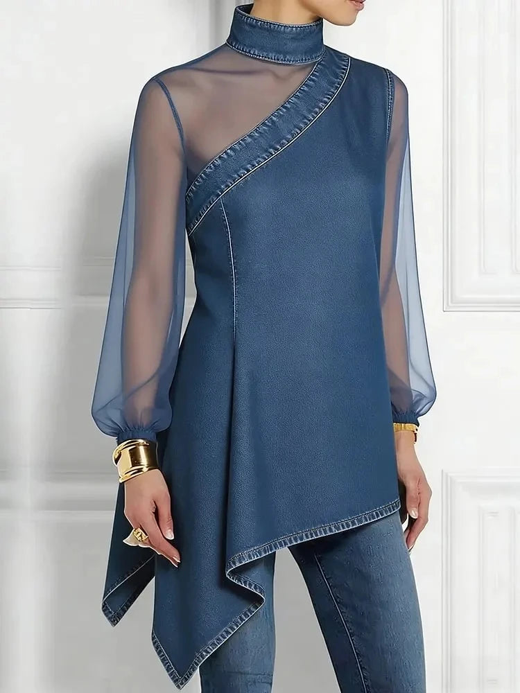 Ingvn  Women's Asymmetric Imitation Denim Shirt Fashion Turtleneck Irregular Hem Gauze See Through Puff Sleeve Loose Party Ladies Top