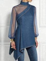 Ingvn  Women's Asymmetric Imitation Denim Shirt Fashion Turtleneck Irregular Hem Gauze See Through Puff Sleeve Loose Party Ladies Top