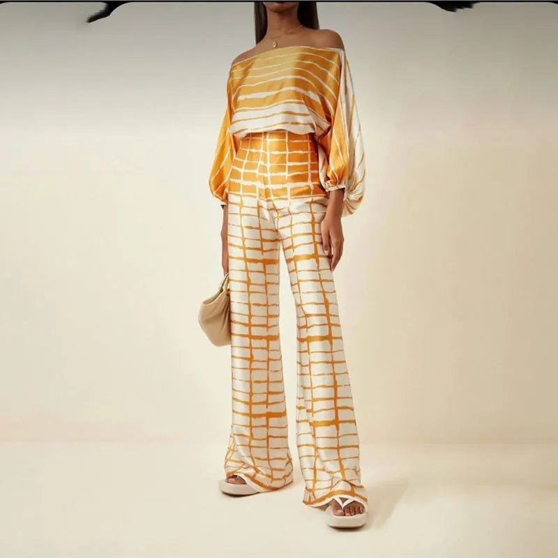 Ingvn  Spring Women's Clothing Floral Off Shoulder Loose Batwing Sleeve Wide Leg Pants Set Polyester Elegant Comfortable Casual Wear