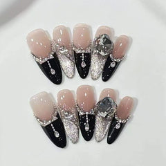 Ingvn  24Pcs Shiny Cat's Eye Pink Full Cover Nail Tips Art Finished Finger False Nails with Diamond Wearable Almond Press on Fake Nails