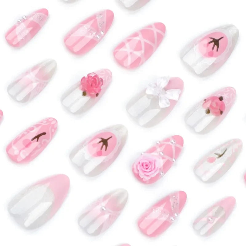 Ingvn  24Pcs Cute Pink 3d Flower Bow Almonds Medium Long Cheap False Nails Prosthetic Nail Set Sweet Paste Nails Nails Press On