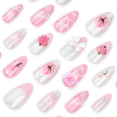 Ingvn  24Pcs Cute Pink 3d Flower Bow Almonds Medium Long Cheap False Nails Prosthetic Nail Set Sweet Paste Nails Nails Press On