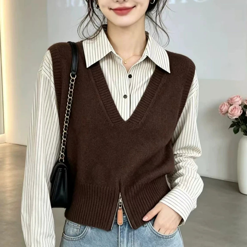 Ingvn - Women's Autumn/Winter Fashion New Type Artificial Two Piece Set Collar Knitted Sweater Warm Stripe Zipper Hoodie