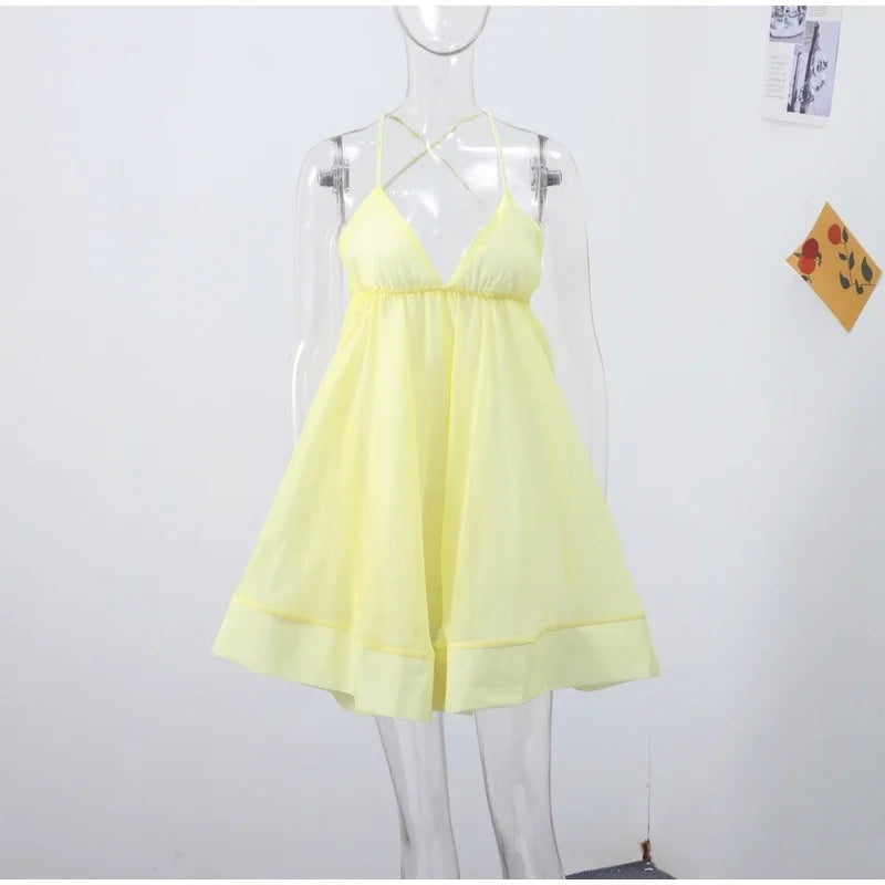 Ingvn  Mini Dresses Sexy Sleeveless Backless Lace-up Dress  Chic Ladies Holiday Beachwear