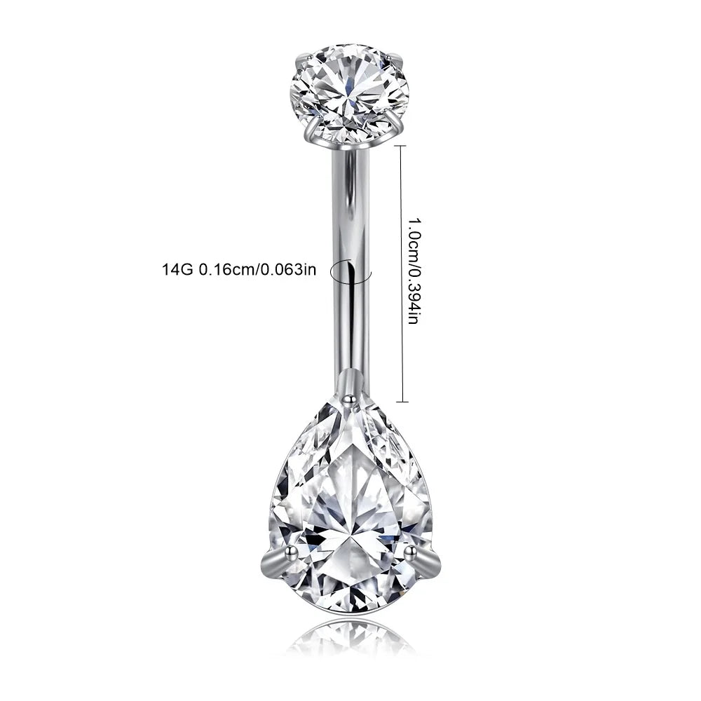 Ingvn  14G 10mm Stainless Steel Belly Button Rings, Round Droplet Cubic Zirconia Belly Rings, Belly Barbell Piercing Navel Piercings