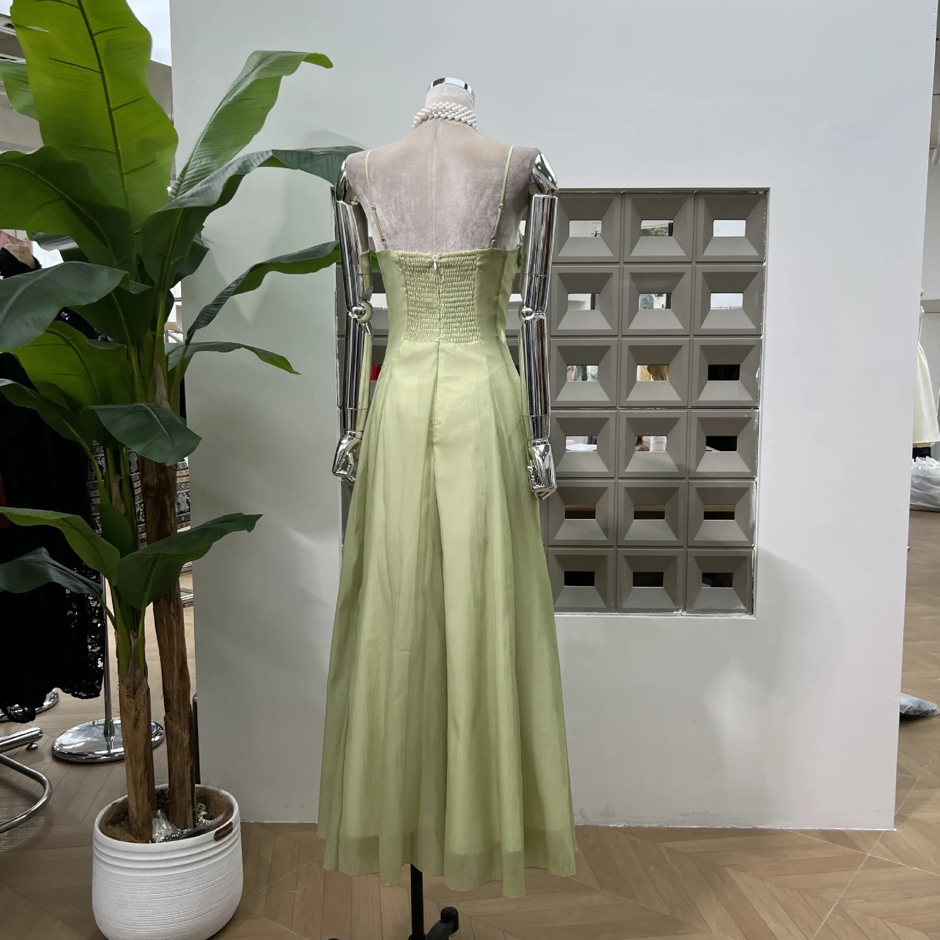 Ingvn  French Casual Vacation Green Fairy Long Dress Ruffles Patchwork Sleeveless High Waist Slim A-line Evening Party Dress for Women