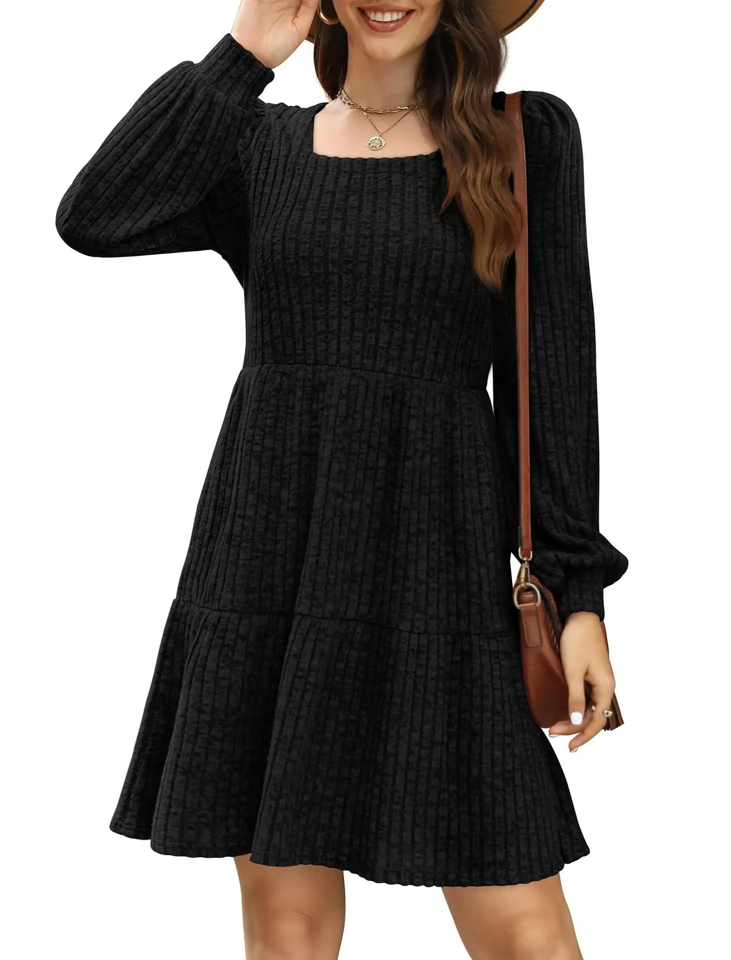 Ingvn  European and American Women's Square Collar Long Sleeve Autumn Dress Casual Baby Sweater