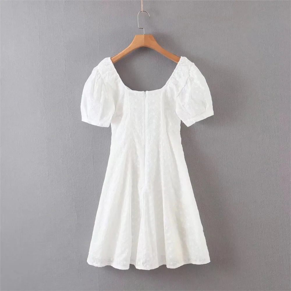 Ingvn  Sweet White Embroidery Hole Stitching Lace Cross Lacing up Short Puff Sleeve Dress Woman French Mini Dresses Holiday Robe