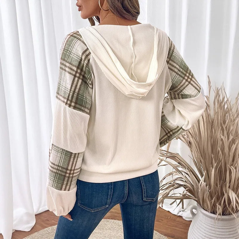 Ingvn - Women Hooded Sweatshirt Plaid Splicing Long Sleeve V Neck Button Pullover Lazy Texture Casual Top