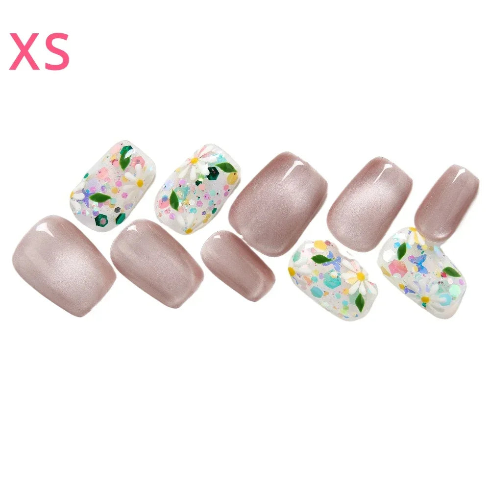 10PCS Short Square Press On Nails Cat Eyes Pink Fake Nails With Multi-Color Floral Designs Summer Collection For Women and Girls