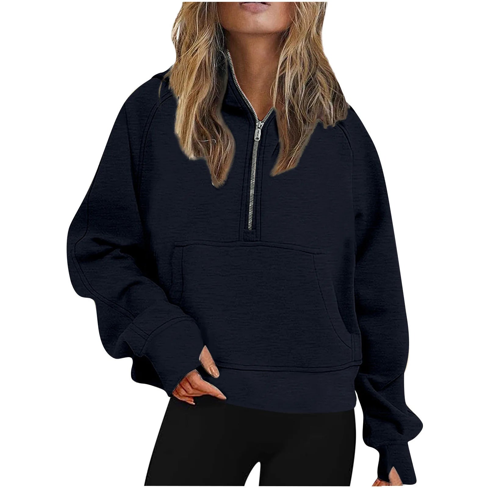 Ingvn - Autumn Winter New Arrival Womens Sports Half Zip Loose Solid Color Versatile Cropped Hooded Fleece Casual Pullover Sweatshirt