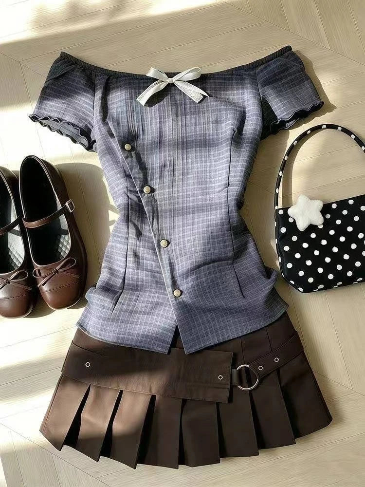 Ingvn  Retro Sweet Two Piece Set Women Plaid Short Sleeve Shirt High Waist Pleated Skirt Y2K Harajuku Hot Girl Summer