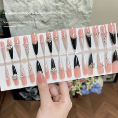Ingvn  24pcs Nude Cat Eye Dot Black Fake Nails Rhinestone Artificial Stick-on Nails Cheap Extra Long French Press on Nails for Girls